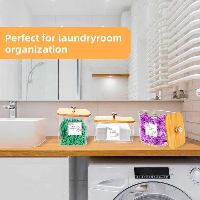 3 Pack Laundry Room Organization Storage Containers Acrylic Jars and Dryer Sheet Container with Lids and Labels for Laundry Detergent Laundry Pods Containers Dry Sheet Organizing