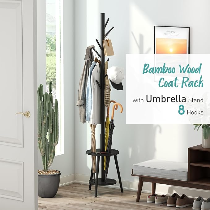Coat Rack, Bamboo Wood Coat Freestanding with Umbrella Holder, Adjustable Height Coat Stand with 8 Hooks, kids coat rack, Used In The Bedroom Living Room, Office To Hang Clothes, Hats, Bags (Black)