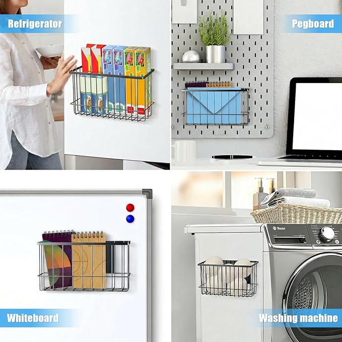 NiHome Magnetic Metal Basket Organizers, Dryer Ball Holder, 2PCS Medium & Small, Versatile Storage for Kitchen & Office Holds Up to 14 lbs, Easy Attach to Refrigerator or Any Magnetic Surface(Black)