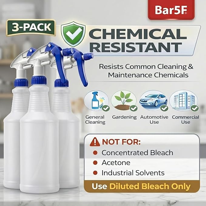 Bar5F Professional Sprayer 24-Ounce - 20 Foot Spray, Bleach Resistant, Adjustable Nozzle, All-Purpose, 3-Pack