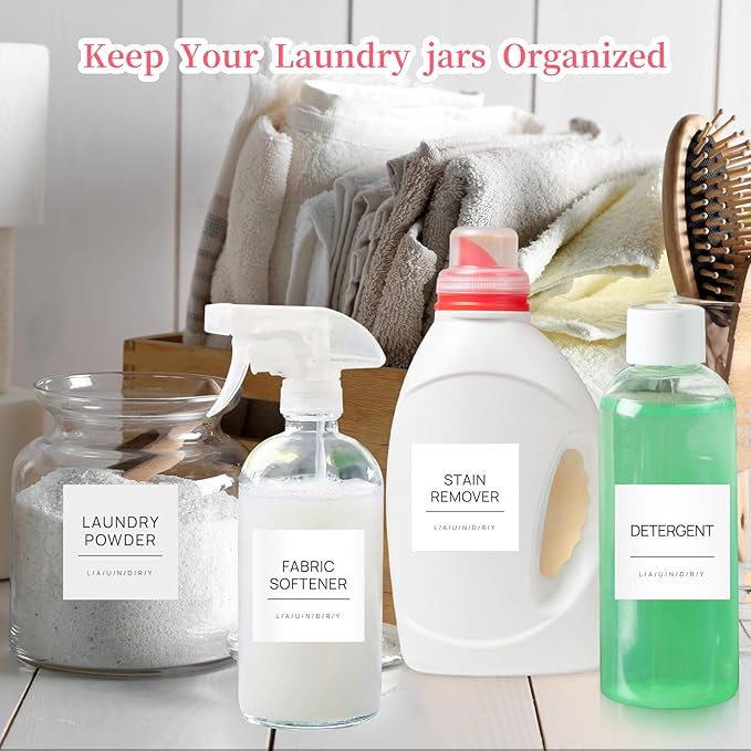 Laundry Labels for Jars,16 PCS Minimalist Laundry Room Labels,Removable Waterproof Cleaning Labels for Containers,Laundry Room Storage Organization,with 2 Blank Labels (White)