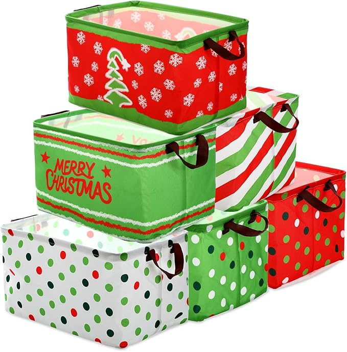 Vesici 6 Pack Christmas Basket for Gifts Empty Christmas Storage Bins with Handle Foldable Storage Box Canvas Laundry Basket for Xmas Office Home Bedroom Clothes