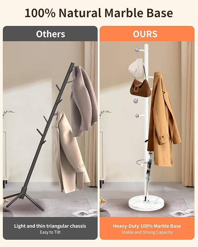 ZOZOE Metal Coat Rack Stand, Modern Coat Rack Freestanding with Natural Marble Base, Sturdy Industrial Coat Racks with 8 Hooks & Umbrella Holder,White Coat Tree Hanger Stand for Entryway,Office