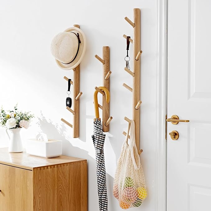 Vertical Coat Rack Wall Mounted - Height 16 Inches, Oak Wood Vertical Hat Rack for Wall with 4 Hooks, Modern Coat Rack Tree for Hanging Hats, Jackets, Bags in Entryway Bedroom Office