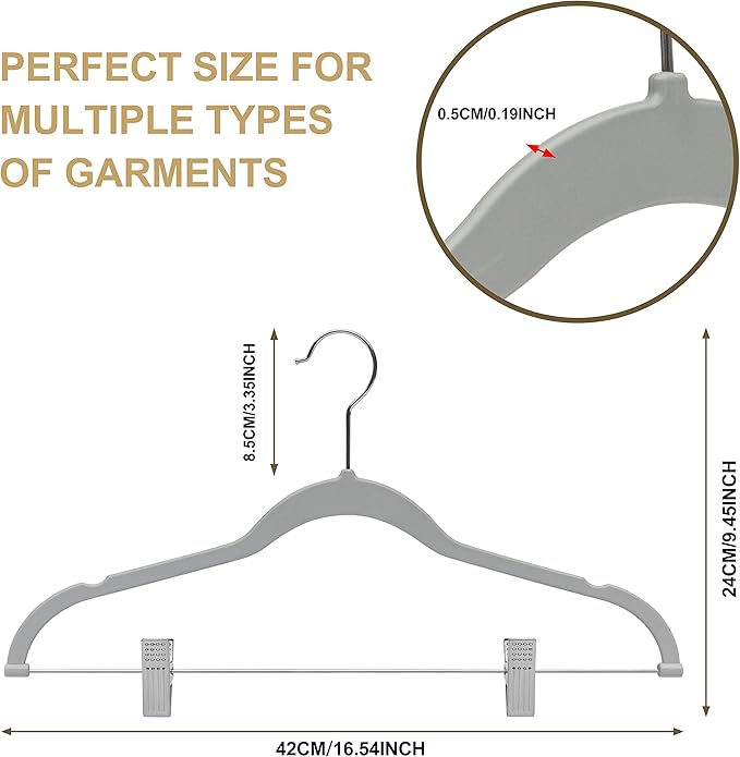 80 Pack Gray Quality Plastic Non Velvet Non-Flocked Thin Compact Coat Hangers with Metal Clips for Skirts Pants Blouses 360° Swivel Hook