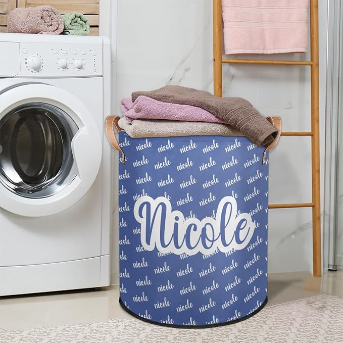 Custom Name Laundry-Hamper, Personalized Blue Kids-Clothes-Hamper Foldable with Name, Customized Storage Basket with Handles Waterproof Gift for Boys Girls Baby Women