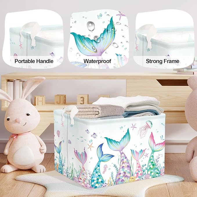 Fantasy Princess Laundry Hamper Colorful Large Storage Basket Collapsible Parents Organizer Kids Toy Clothes Bins for Bedroom, Bathroom, Mermaid, 36L