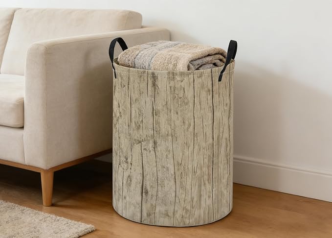 ESSME Kids Laundry Basket,Wood Hamper Collapsible Canvas Waterproof Storage Bin for Boys, Cute Hamper,Gift Baskets(Wood grain)