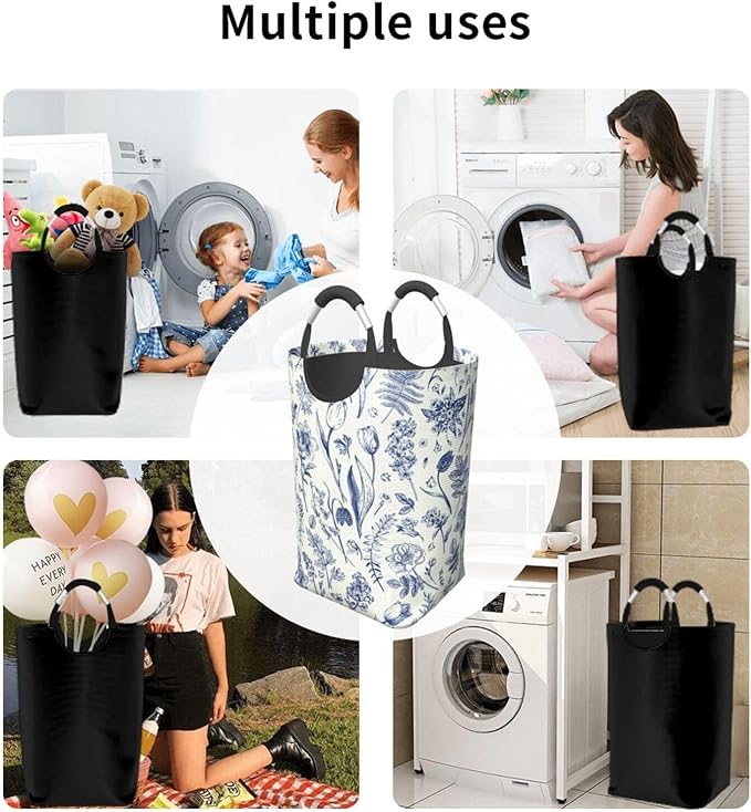 Blue Floral Laundry Basket Flowers Foldable Laundry Hamper Vintage Collapsible Laundry Baskets with Handles Clothes Hamper Laundry Tote Bag for Dorm Family Storage Bin 50L