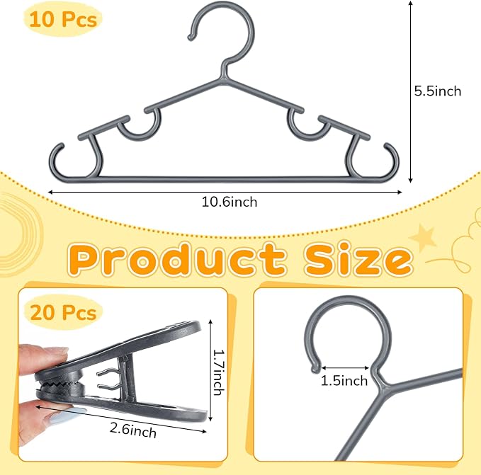 Hsei 5/10/40 Pack Baby Hangers with 10/20/80 Clips, Plastic Kids Pants Hangers for Nursery Closet Top and Bottom Clothes Hanger Set for Newborn Infant Toddler(30 Packs Total,Gray,10.6 Inch)