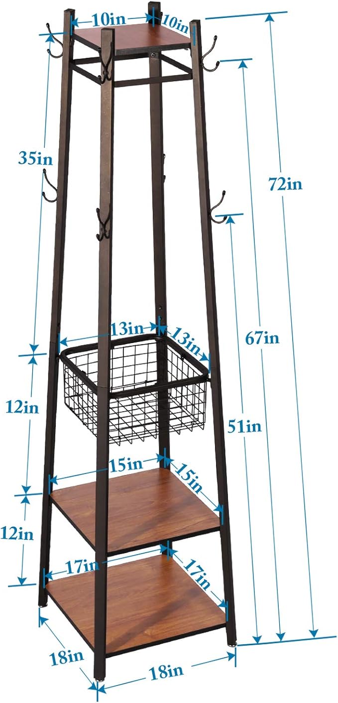 VECELO Industrial Coat Rack,Enterway Clothes Stand With 2 Tier Storage Shelves/Basket,Hall Trees with 8 Dual Hooks, Brown+Black