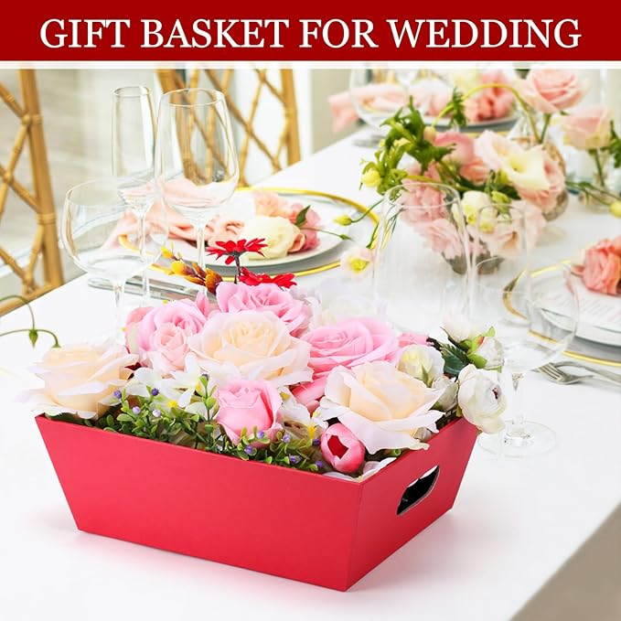 AFOROEOA 10PACK Baskets For Gifts Empty, 10 x 8”Thick Red Gift Basket with 10 Clear Gift Bags and 10 Pull Bows, Empty Gift Baskets for Christmas, Thanksgiving Wedding Birthday Party Wrapping Gift