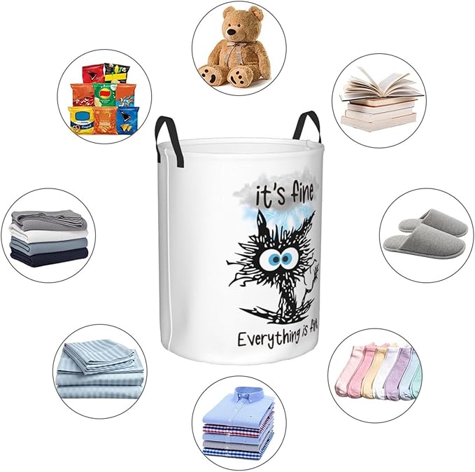 Laundry Basket Cute Black Cat Room Decor,Round Laundry Hamper Waterproof Dirty Clothes Hamper Collapsible Laundry Baskets With Handles,Toy/Clothes Storage Basket For Home Dorm Black Cat Bathroom Decor