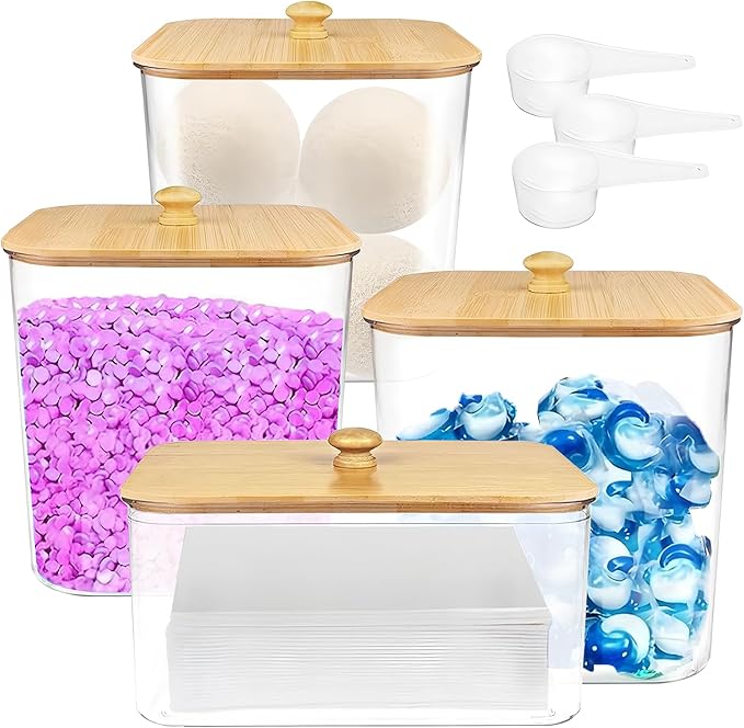 4 Pack Laundry Pods Container, Clear Laundry Room Organization Storage Containers with Wooden Lids & Scoops, Large Laundry Detergent Powder Containers for Powder Dryer Balls