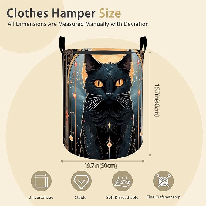 Mystical Black Cat Laundry Basket Hamper for Boys Girls Kids Adults, Foldable Waterproof Oxford Clothes Storage Bin, Gothic Organizer for Bedroom Bathroom Room Decor 19.7"x15.8"