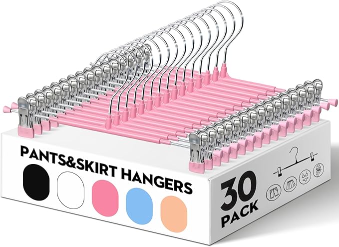 HUADYMEET 30 Pack 12Inch Pants Hangers with Clips,Metal Trouser Hanger for Jeans.Space Saving Skirt Hangers Heavy Duty Non-Slip Adjustable Clothes Shorts Hanger for Women,Men,Pink