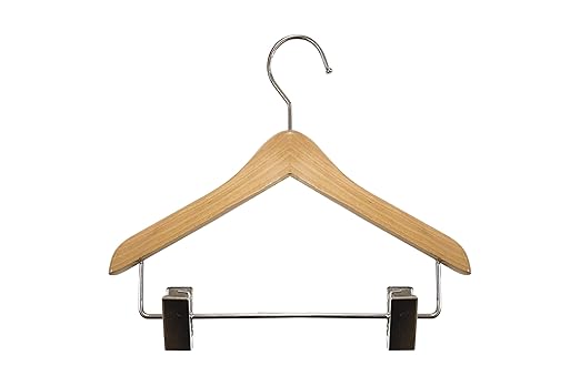 NAHANCO MINI8RC12 Deluxe Flat Wooden Pet, Doll Clothes, Accessory, Jewelry Hanger with Chrome Hook Ball end with Clips, 8", Natural (Pack of 12)