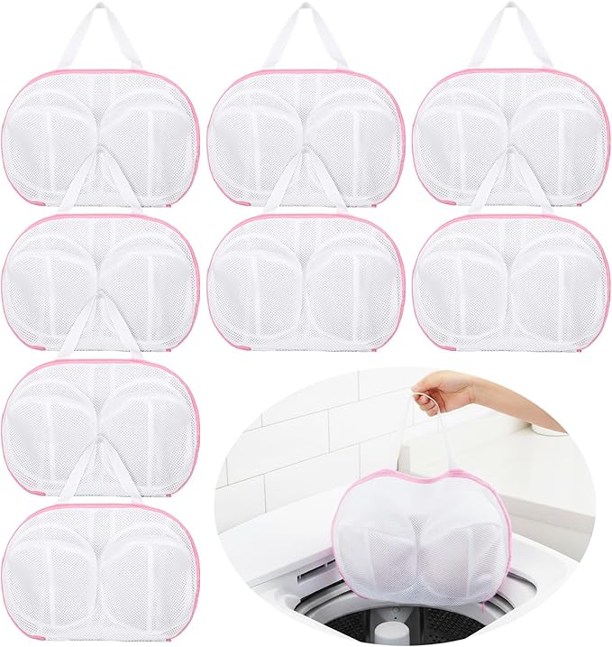 Large Bra Laundry Bags for Washing Machine, 8 Pack Mesh Brassiere Wash Bags for Laundry, Lingerie Bag for Washing Delicates Underwear, Bra Washer Protector (Pink)