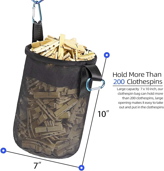 Mesh Clothespin Bag Holder Outside, Multiple Hanging Methods Clothes Pin Bag with Drawstring Closure, Ventilation and Moisture Resistance, Large-Capacity Clothespin Storage Organizer with Hooks