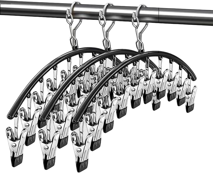 3Pack Metal Clips Pants Hanger,Legging Organizer for Closet, Lockable 30 Clips Hangers Space Saving Closet Organizers Multi Clip Hanger Black (Winproof Hook)