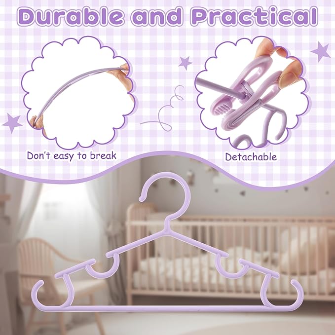 Hsei 60 Pack Pastel Color Kids Nursery Hangers Plastic Baby Hangers Heavy Duty Toddler Hanger for Pants, Coat, Skirts, Closet, Nursery Decor(Purple)