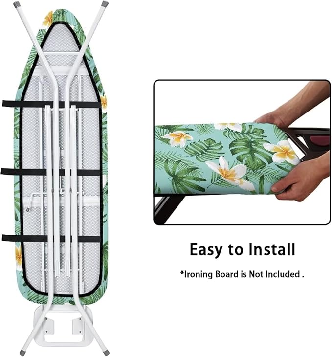 GLENLCWE Hawaiian Plumeria Green Palm Ironing Board Cover for All Standard Ironing Boards, Thick Pad Elastic Band Ironing Board Replacement Washable,15X54inch