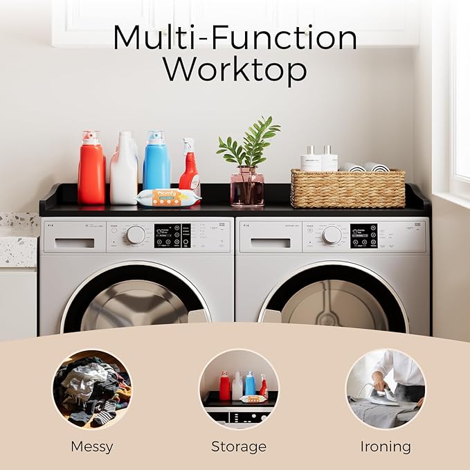 Washer Dryer Countertop, 54" W x 27.5"D Washer Dryer Topper with Non-Slip Mat, Laundry Countertop Organizer for Folding Clothes, Black