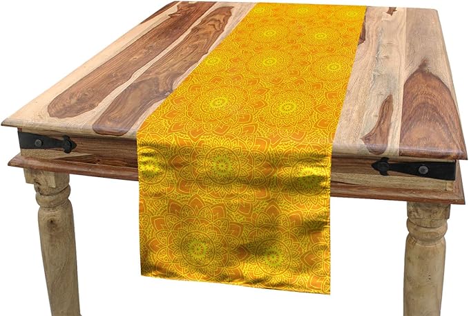 Lunarable Yellow Mandala Table Runner, Vibrant Colored Abstract Lotus Flowers Native Art Warm Sun Inspired, Dining Room Kitchen Rectangular Runner, 16" X 72", Yellow Orange