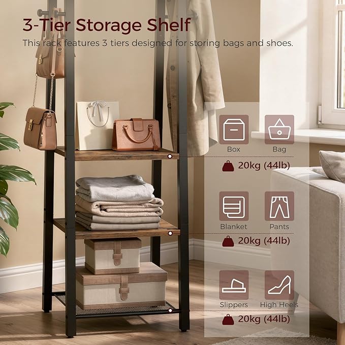 Coat Rack Freestanding, Hall Tree with 3-Shelves and 8 Hooks, Industrial Clothes Rack Stand Organizer for Entryway, Bedroom, Bags, Hats, Scarves, Rustic Brown and Black CRHR14901