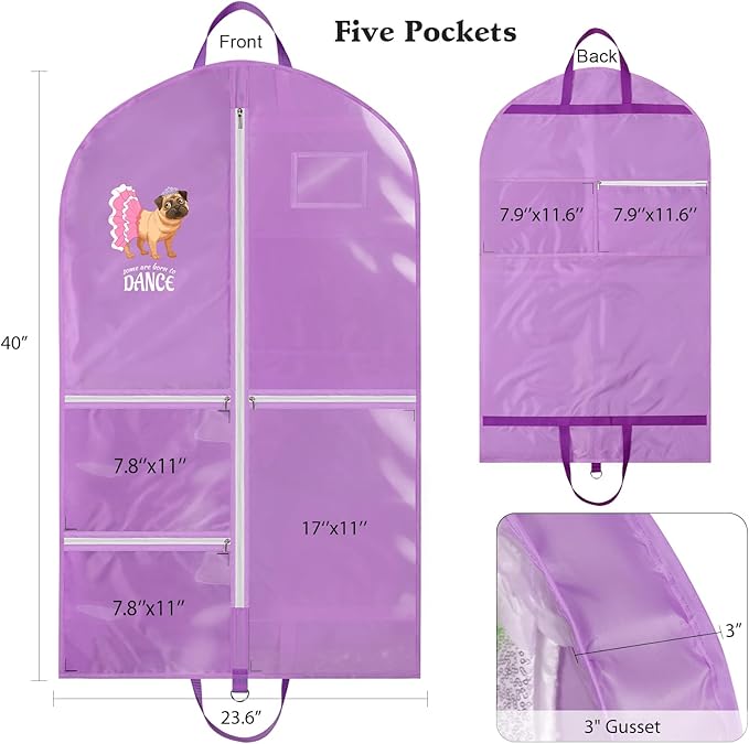 Univivi Dance Garment Bags for Dancers, 3" Gusseted Garment Bags for Dance Costumes with 5 Pockets, 40" Dance Garment Bag with Puppy Pattern for Dance Competitions and Travel (Purple)