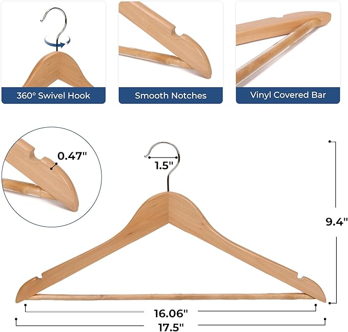 JS Hanger Wooden Coat Hangers, 20 Pack High Grade 17.5 Inch Wood Suit Hangers with Non Slip Pant Bar - Extra Smooth and Splinter Free Natural Finish