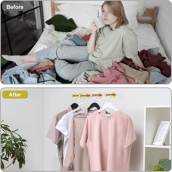 BTSKY 4 Pack Gold 6 Inch Iron Industrial Pipe Clothes Rack with Screws, Heavy Duty Wall Mounted Clothing Hanging Rod Shelving Brackets for Laundry Room Retail Store