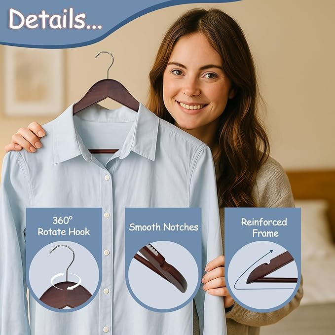King Mills 19 Inch Plus Size Hangers, Extra Wide Hangers for Plus Size Clothes, Ganchos para Colgar Ropa, Ideal for XL, XXL Shirts, Coats, Dresses, Etc. Wood. Walnut 20pk