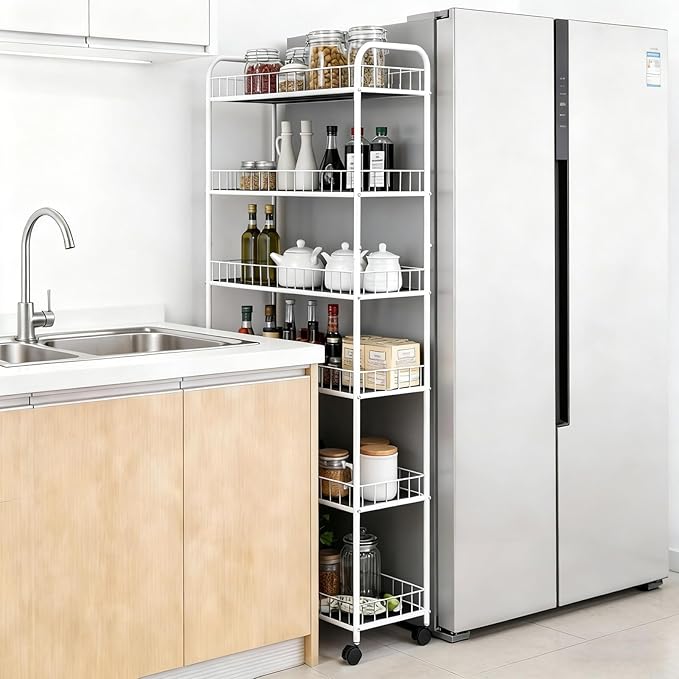 6 Tier Slim Rolling Storage Cart, Mobile Shelving Unit with Wheels, Metal Wire Storage Rack with Baskets for Kitchen Bathroom Office Laundry Narrow Piaces (10in White)
