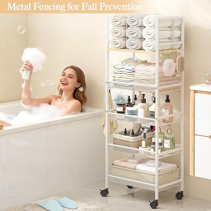 5-Tier Bathroom Storage Shelf, Mobile Metal Free Standing Shelving Unit with Wheels, Towel Rack Organizer with M-Shaped Detachable Dividers & 4 S-Hooks, Rolling Cart for Bathroom Laundry Kitchen,White