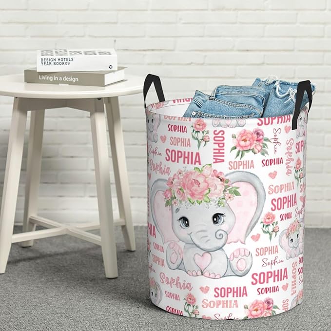 Elephant Laundry Basket,Personalized Laundry Hamper for Boys Girls,Custom Laundry Basket With Name, Customized Dirty Clothes Hamper for Bathroom Bedrooms,S-16.5"X 13.8"