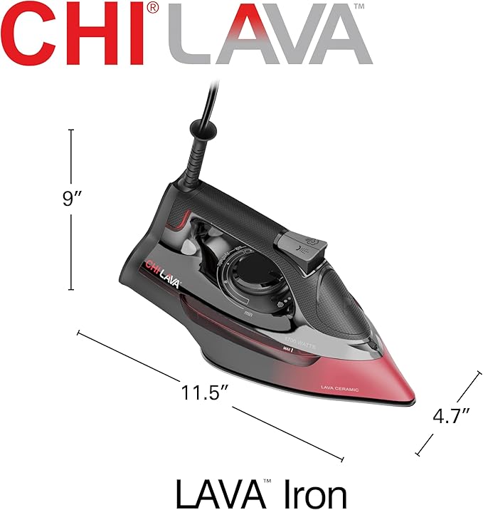 CHI Steam Iron for Clothes, 300+ Holes for Powerful Steaming, Temperature Dial, 1700 Watts, XL 10’ Cord, Auto Shutoff, Lava Infused Ceramic Soleplate, Black (13130)