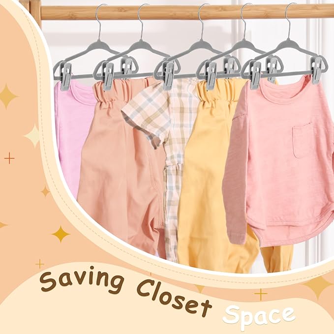 Soaoo 40 Pcs Baby Velvet Clips with 20 Baby Velvet Hangers, Pants Hangers Strong Finger Clips, Non Slip Kids Hanger for Kids, Toddler, Children's Closet & Nursery Closet (Grey)
