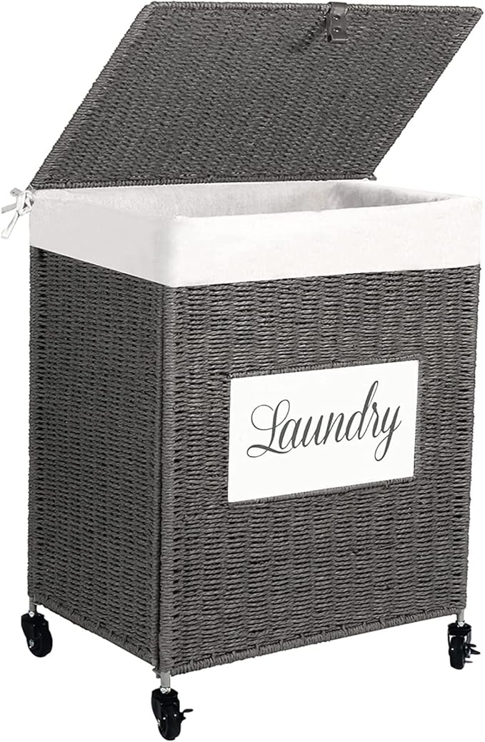 Mxfurhawa Laundry Basket, Heavy Duty Cotton Liner Laundry Storage Hamper with Handles, Collapsible Clothes Wire Basket Organizer Laundry Bag (89GY-H)