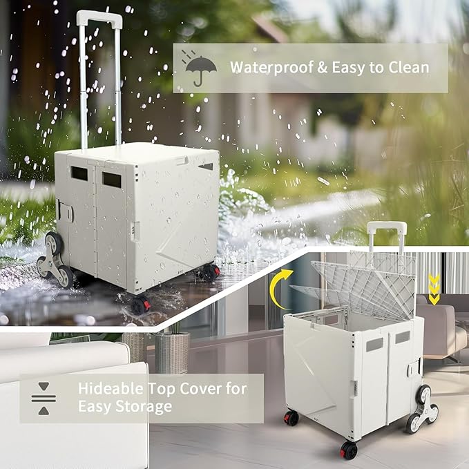 FELICON Folding Climber Utility Cart Rolling Crate Tote on Rotate Wheels with Adjustable Handle Hidden Lid Cup Holder Storage Toolbox for Teacher Office File Move Shop Travel Laundry Grocery(Beige)
