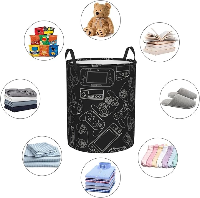 Video Game Controller Background Round Laundry Hamper Gaming Gadget Storage Basket Toys Clothes Organizer Bin For Home Bathroom Bedroom Dorm Nursery, 62l