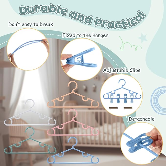 Hsei 5/10/40 Pack Baby Hangers with 10/20/80 Clips, Plastic Kids Pants Hangers for Nursery Closet Top and Bottom Clothes Hanger Set for Newborn Infant Toddler(120 Packs Total,Morandi Color,10.6 Inch)