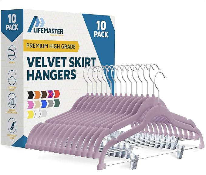 Lifemaster Velvet Skirt Hangers – with Adjustable Clips, 360 Degree Swivel Hook, and Non-Slip Shoulder Notch, Holds Up to 10 lbs, for Organizing Skirt, Pants, Dress, and Clothes, Pack of 10, Purple