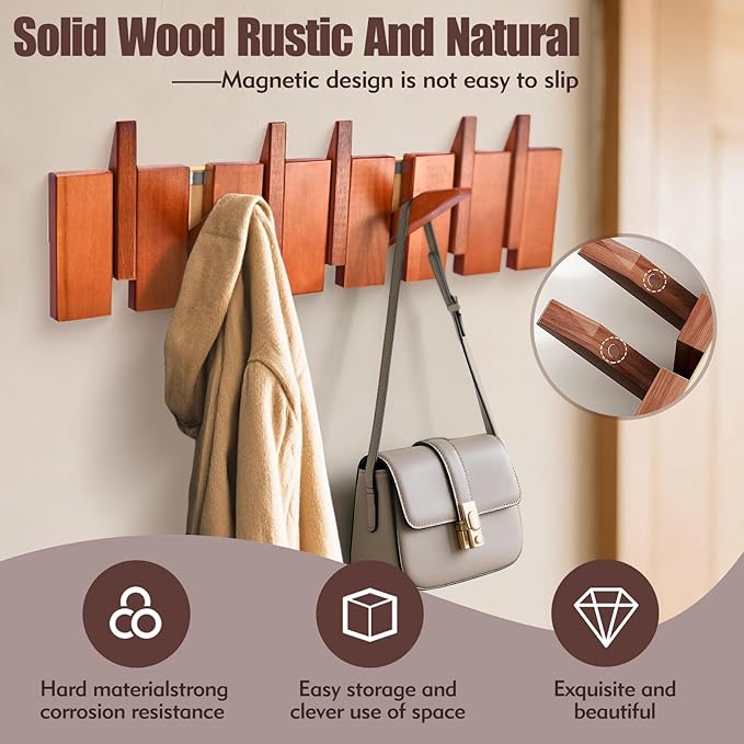 Coat Rack Wall Mount,Modern Coat Rack with 7 Wood Folding Flip-Down Hooks,Wood Coats Rack for Entryway, Bedroom,Bathroom