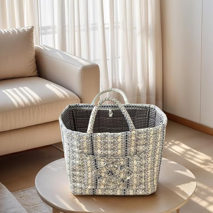 Floral Fabric Storage Basket Car Interior Storage Basket Underwear Sundries Laundry Baskets Supplies Home Organizer Bag (Lace Blue)