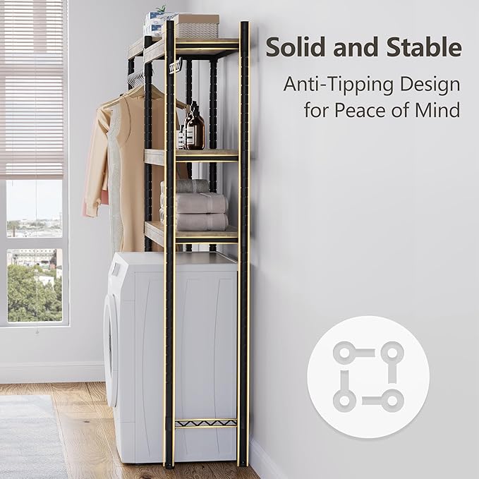 5-Tier Wood Over The Washer and Dryer Storage Shelf- Laundry Room Organization Space Saving Laundry Drying Clothes Racks Heavy Duty Adjustable Height Bathroom Shelf for Home Decor 65"L*12"D*74"H