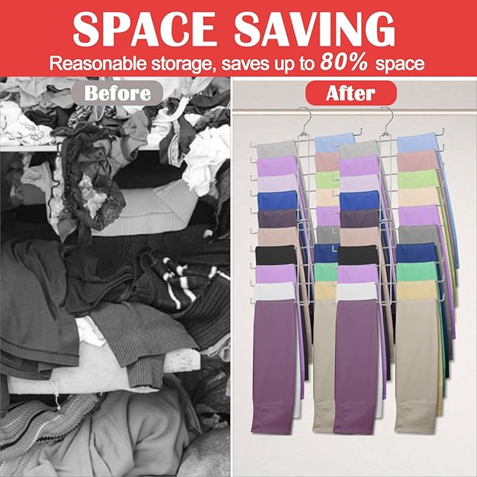 Pants Hanger for Closet, Rotatable Legging Organizer for Closet Hanging, Non-Slip Legging Hanger Holds Up to 20 Leggings (XS–XL), Collapsible Space Saving Yoga Pants Rack for Storage, Silver
