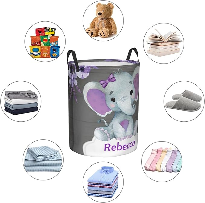 Purple Elephant Flower Customized Laundry Basket Clothes Hamper with Name Collapsible Waterproof Large Capacity Organizer Storage for Living Room.