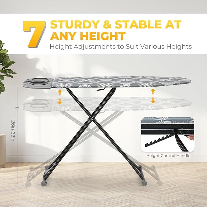 KINGBOARD Ironing Board, Metal Panel Iron Board Full Size with Iron Rest, Compact Iron Board with 7 Height Adjustable, Heavy Duty Folding Iron Stand with Hanger, 15x45 Grey