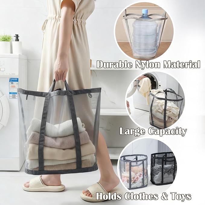 Collapsible Laundry Basket, Mesh Bag with Handles, Foldable Laundry Bag, Breathable Folding Beach Bag,Space-saving Tote Bags for Laundry, Bathroom, Dorm or Travel (Black, 45L)